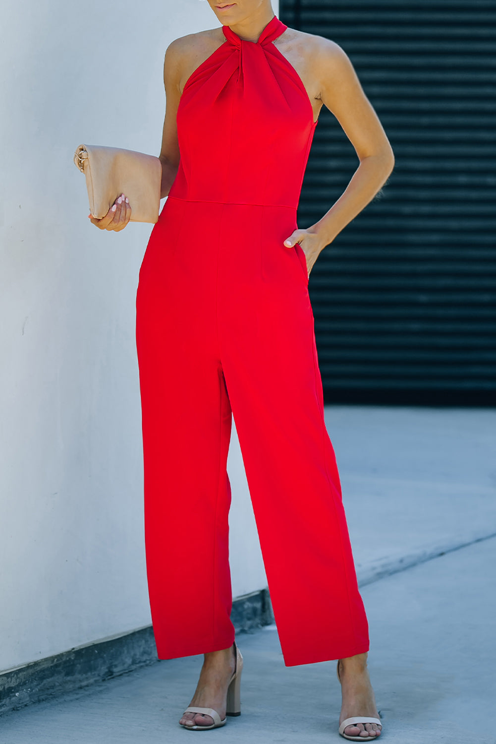 Twisted Grecian Neck Wide Leg Jumpsuit Sunset and Swim   