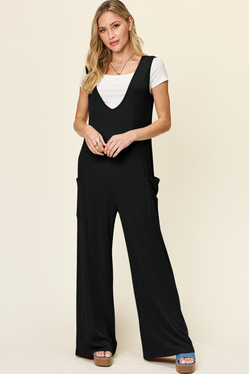 Sunset and Swim  Plus Size Sleeveless Wide Leg Jumpsuit with Pockets Sunset and Swim Black S 