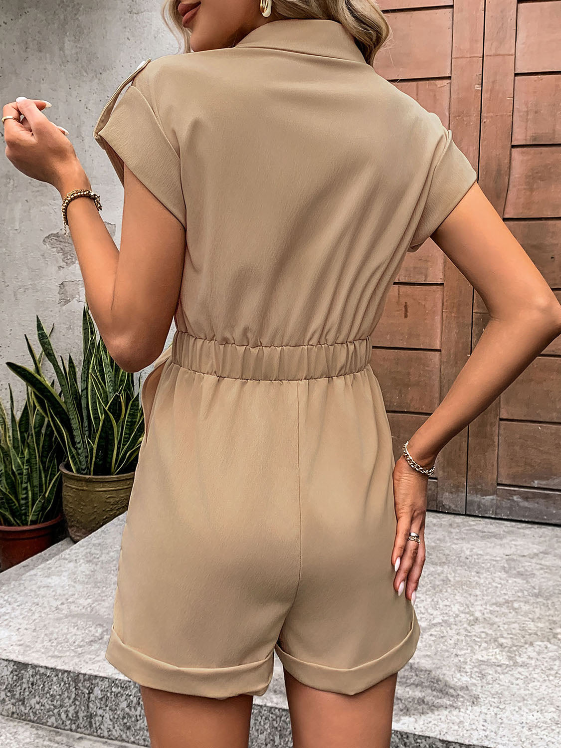 Collared Neck Tie Waist Romper with Pockets Sunset and Swim   