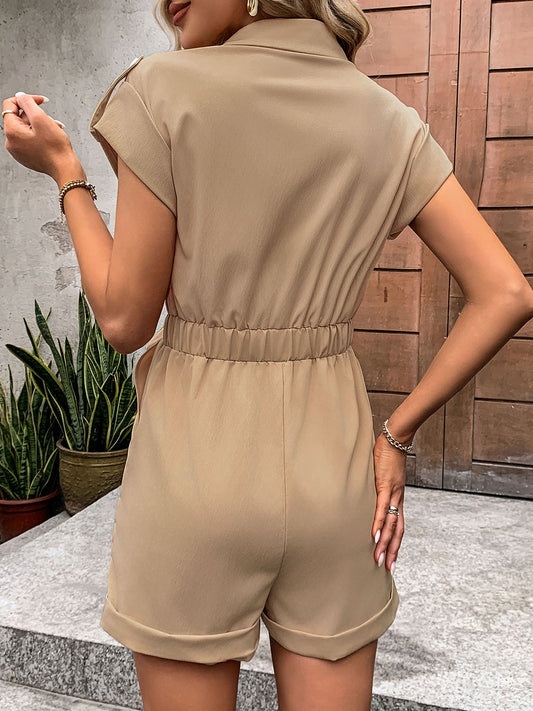Collared Neck Tie Waist Romper with Pockets  Sunset and Swim   
