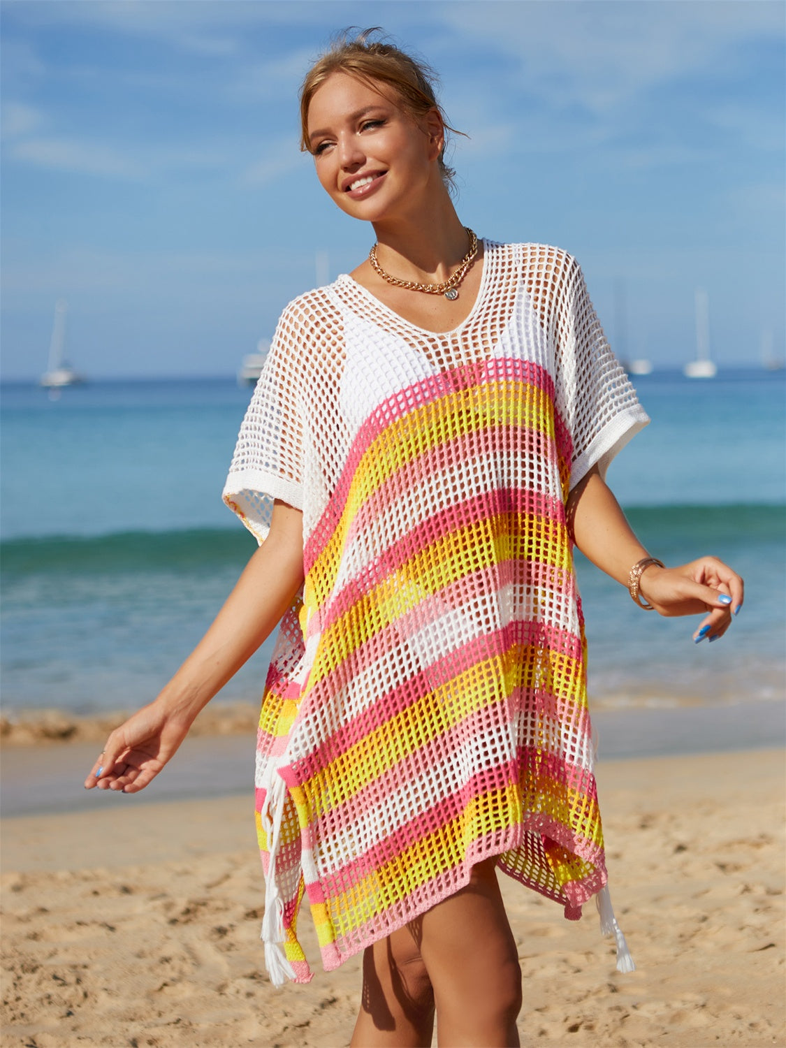 Sunset VCAY  Cutout Striped Cover-Up with Tassel  Sunset and Swim Fuchsia Pink One Size 
