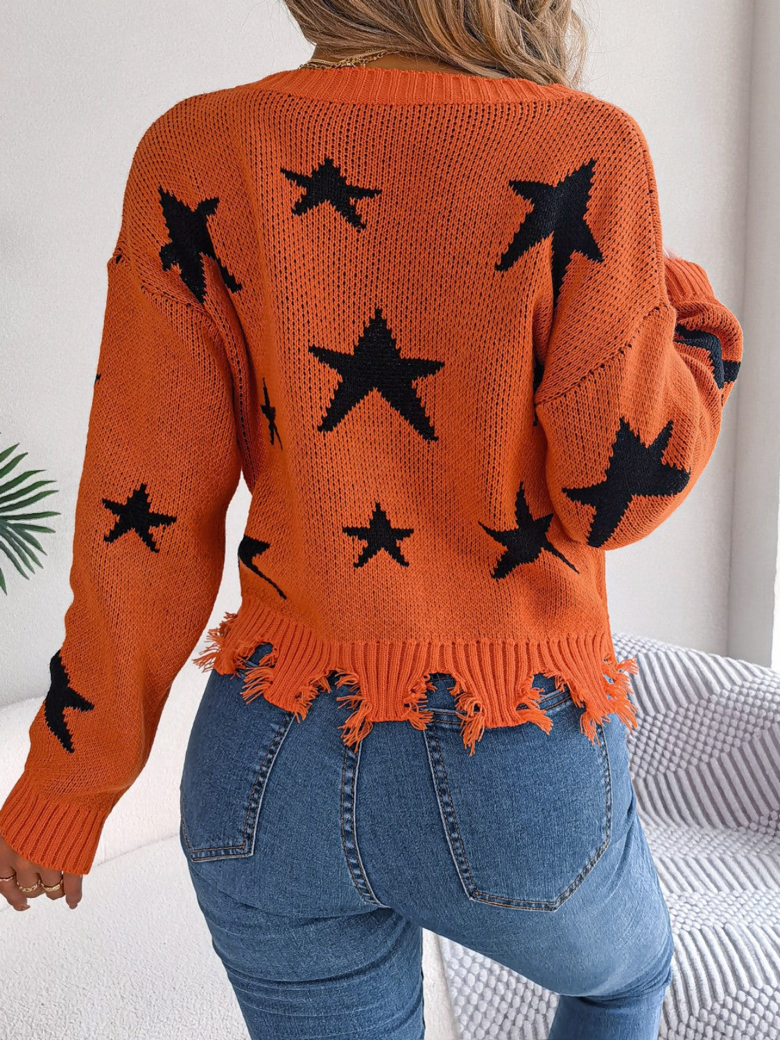 Star Pattern Distressed V-Neck Cropped Sweater Sunset and Swim   