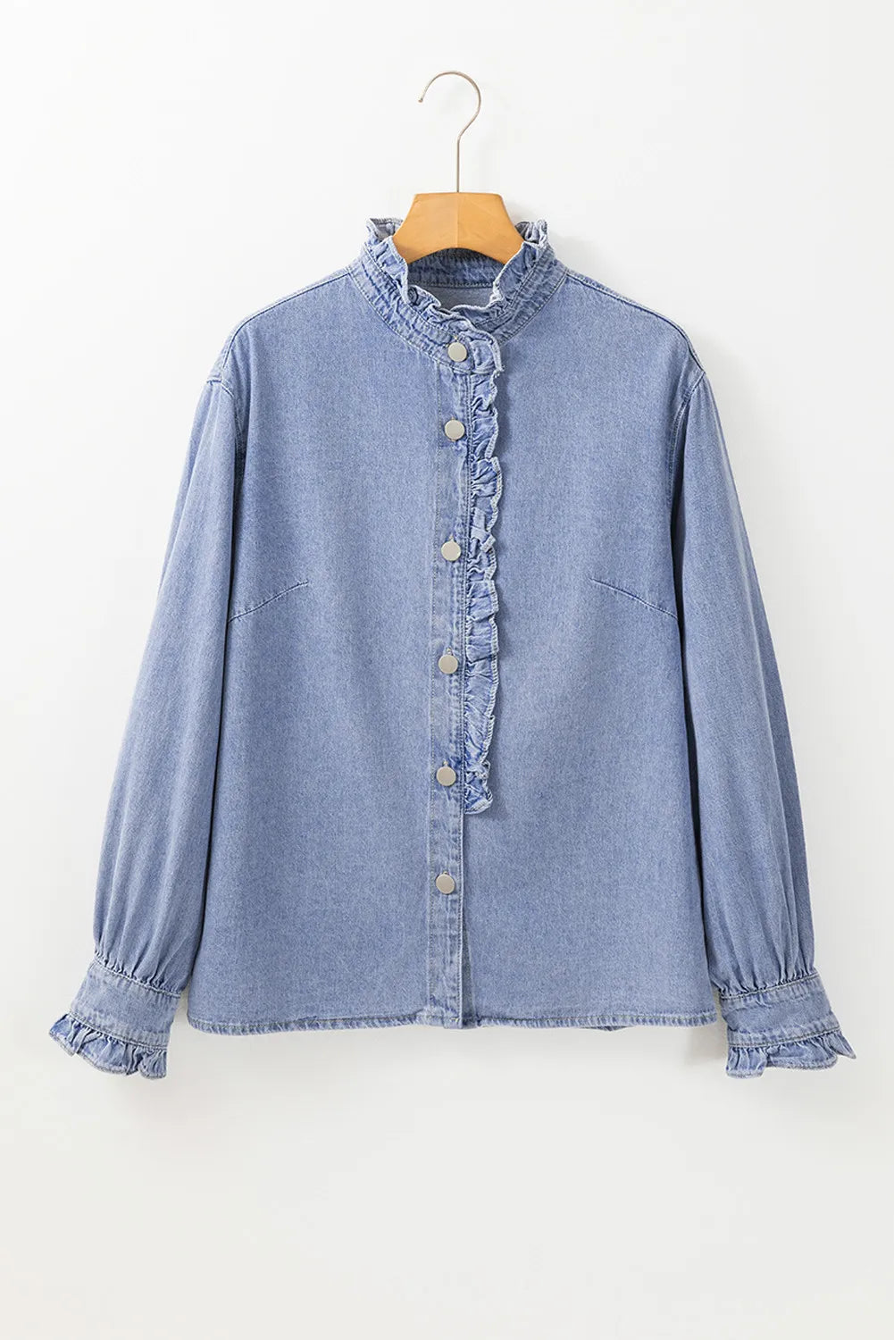 Frill Button Up Long Sleeve Denim Top Sunset and Swim   