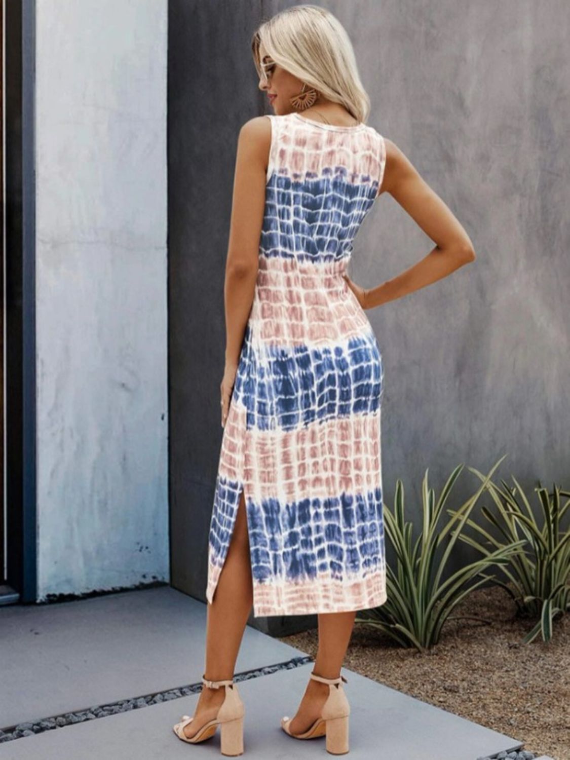 Slit Printed Round Neck Sleeveless Dress Sunset and Swim   