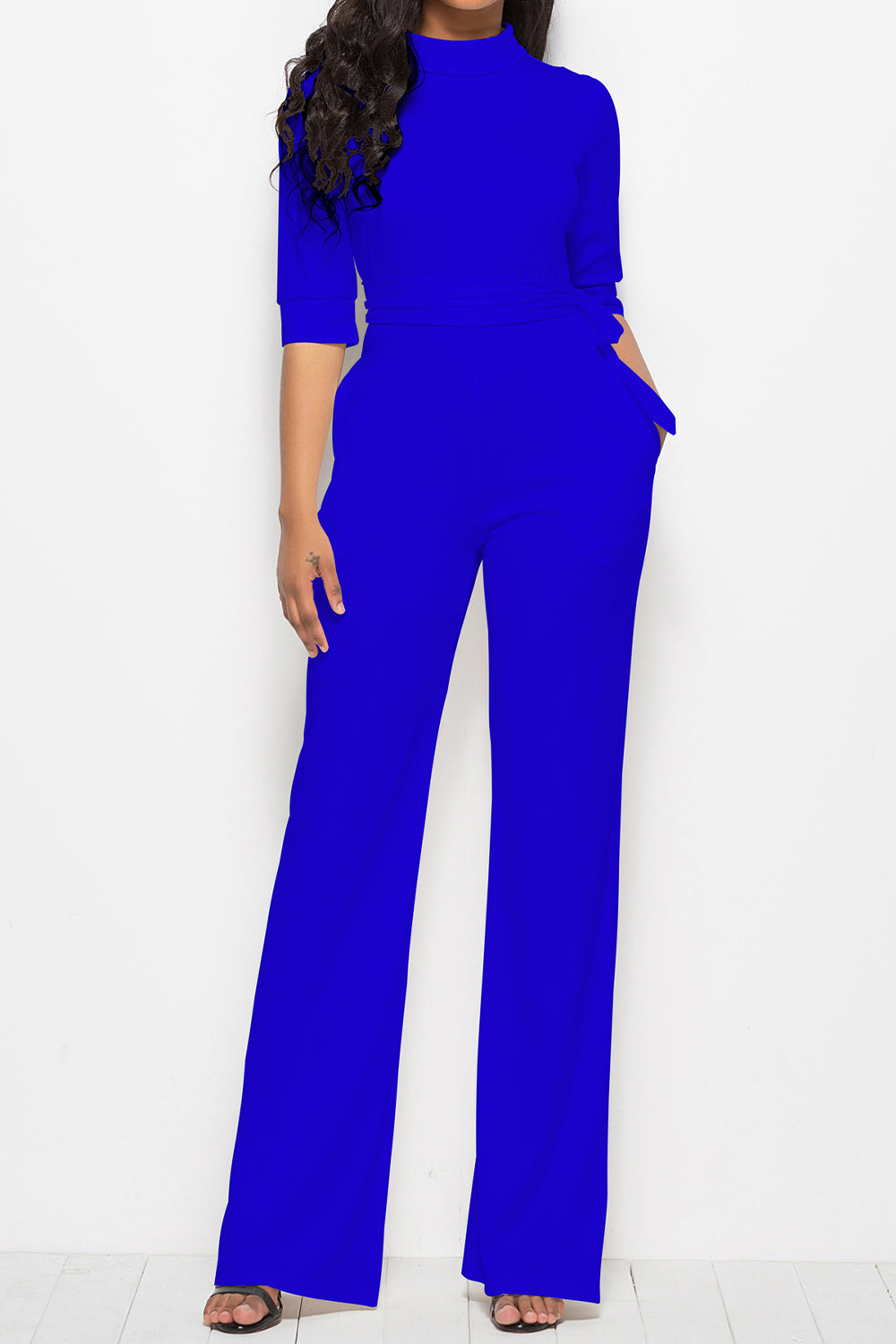 Mock Neck Tie-Waist Half Sleeve Jumpsuit Sunset and Swim   