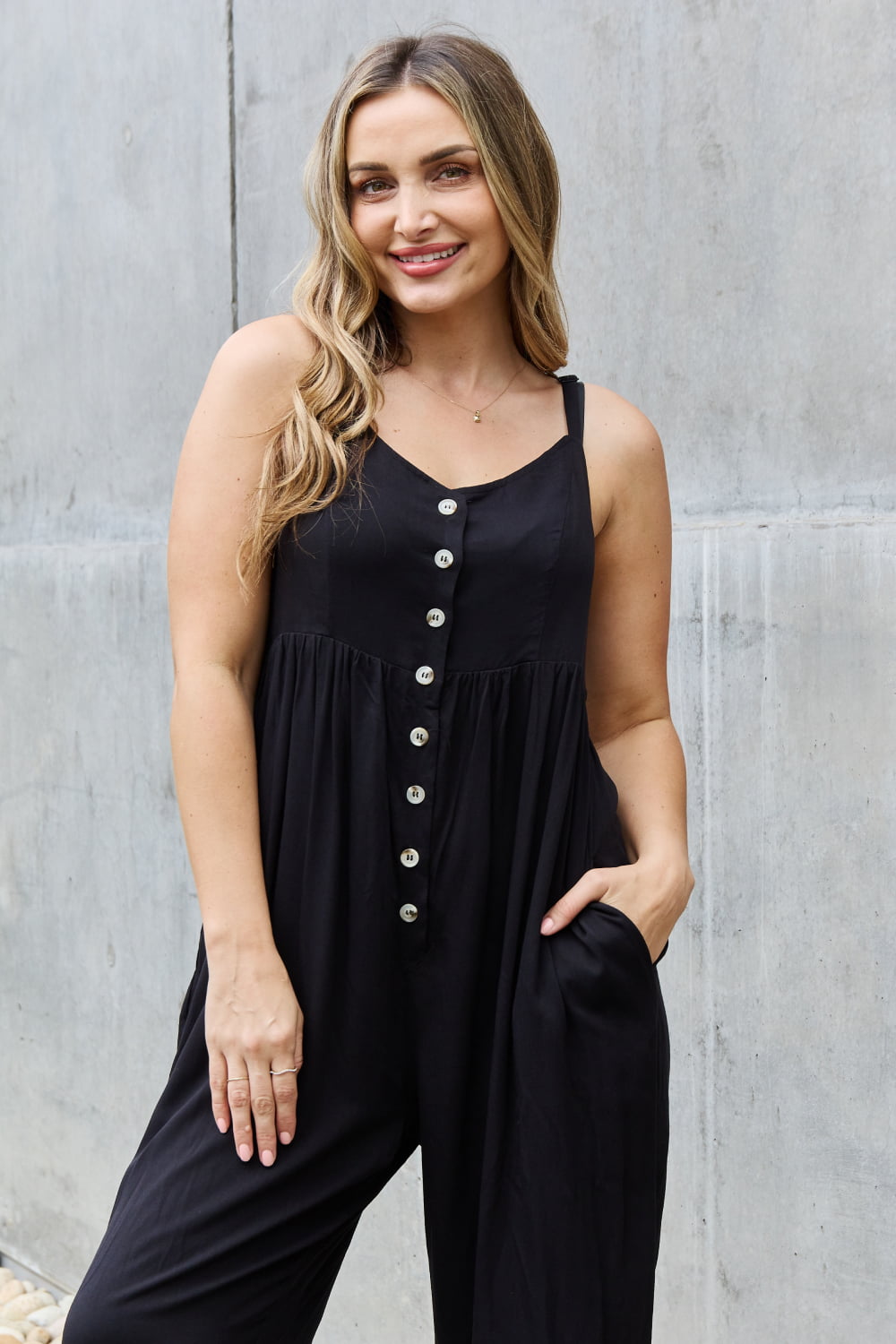 HEYSON All Day Full Size Wide Leg Button Down Jumpsuit in Black  Sunset and Swim   