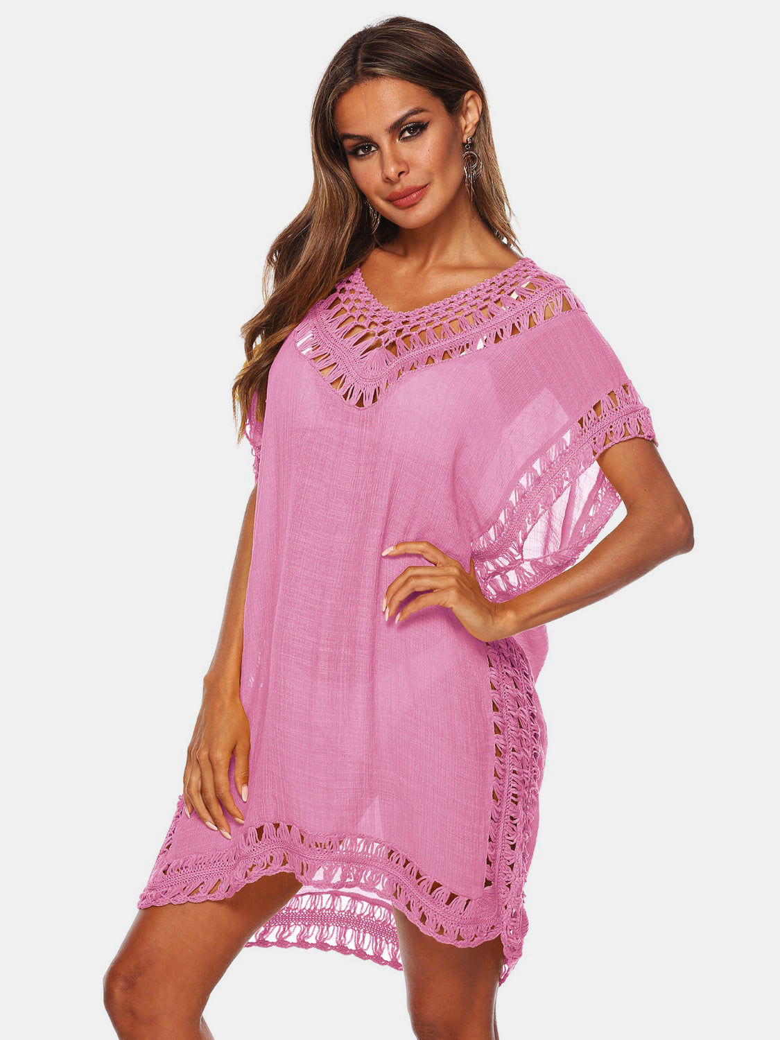 Sunset Vacation  Cutout V-Neck Short Sleeve Cover-Up  Sunset and Swim Carnation Pink One Size 