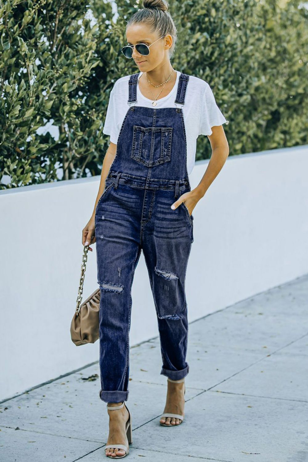 Pocketed Distressed Denim Overalls Sunset and Swim Blue S 