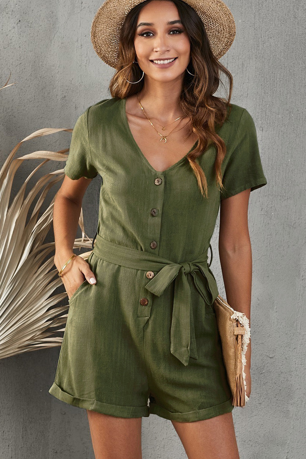 V-Neck Short Sleeve Tie Belt Romper with Pockets Sunset and Swim Army Green S 