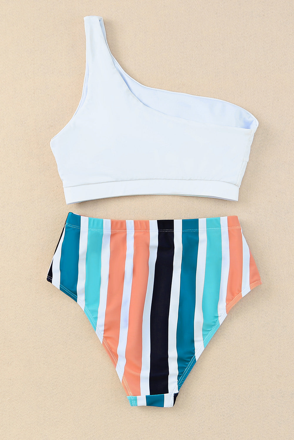 Striped One Shoulder Two-Piece Swim Set Sunset and Swim   