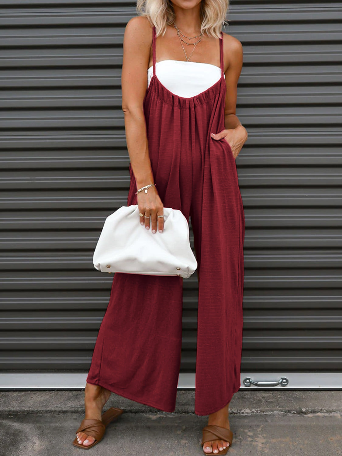 Sunset and Swim  Ruched Spaghetti Strap Jumpsuit Sunset and Swim Wine S 