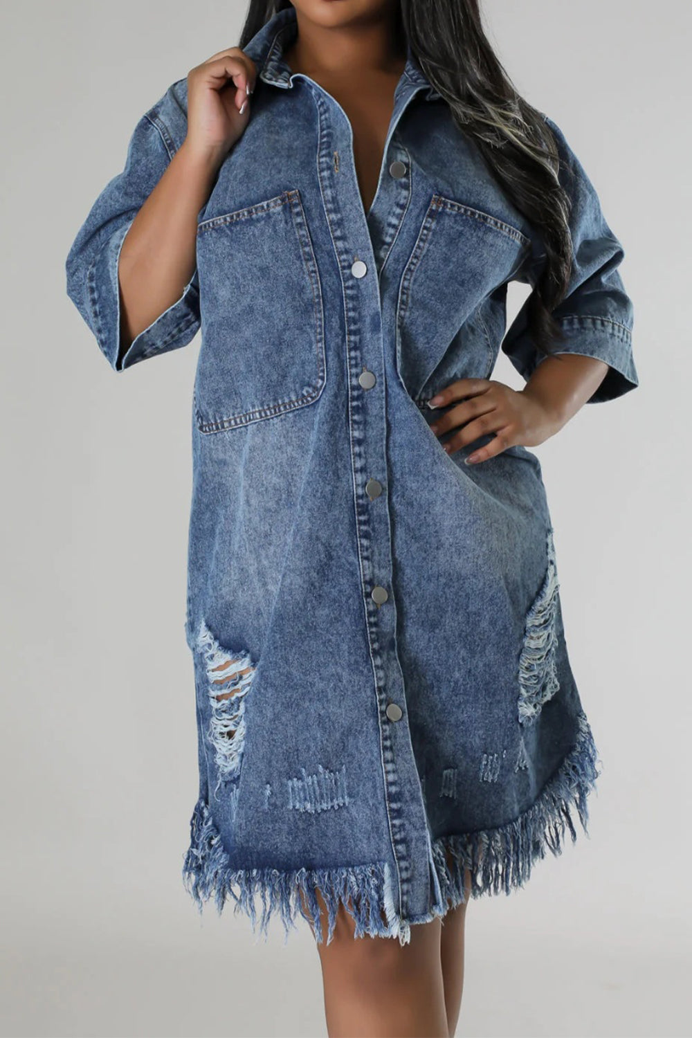 Sunset Vacation  Distressed Raw Hem Button Up Denim Dress Sunset and Swim Medium S 