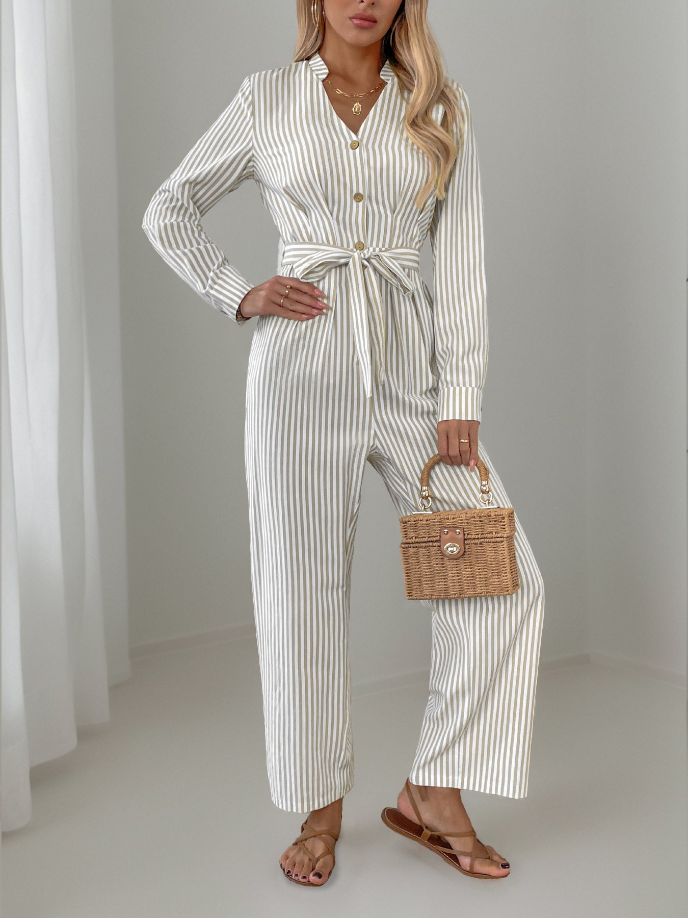 Sunset Vacation Striped Notched Long Sleeve Tie Waist Jumpsuit Sunset and Swim   