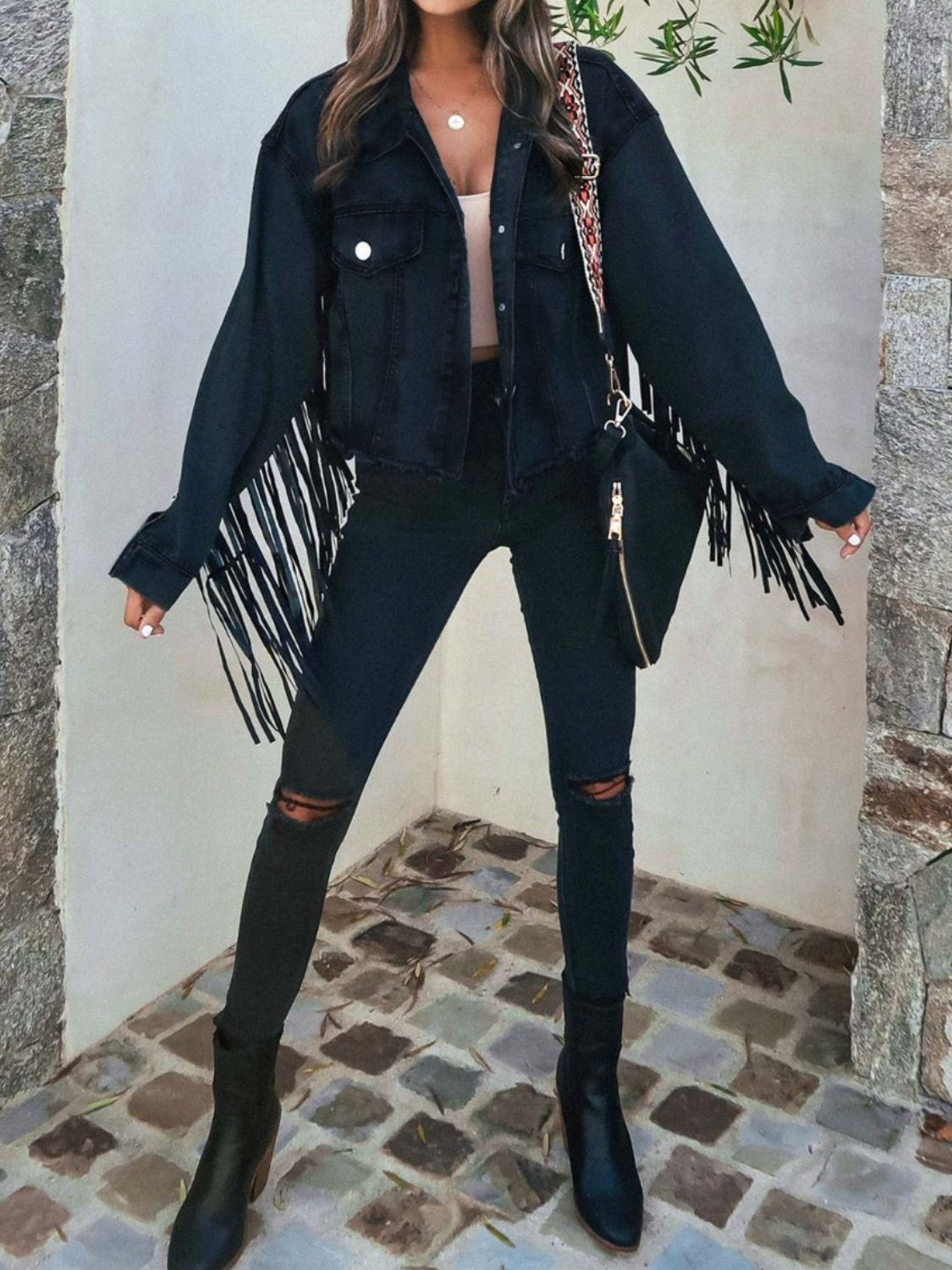 Fringe Button Up Long Sleeve Denim Jacket Sunset and Swim   