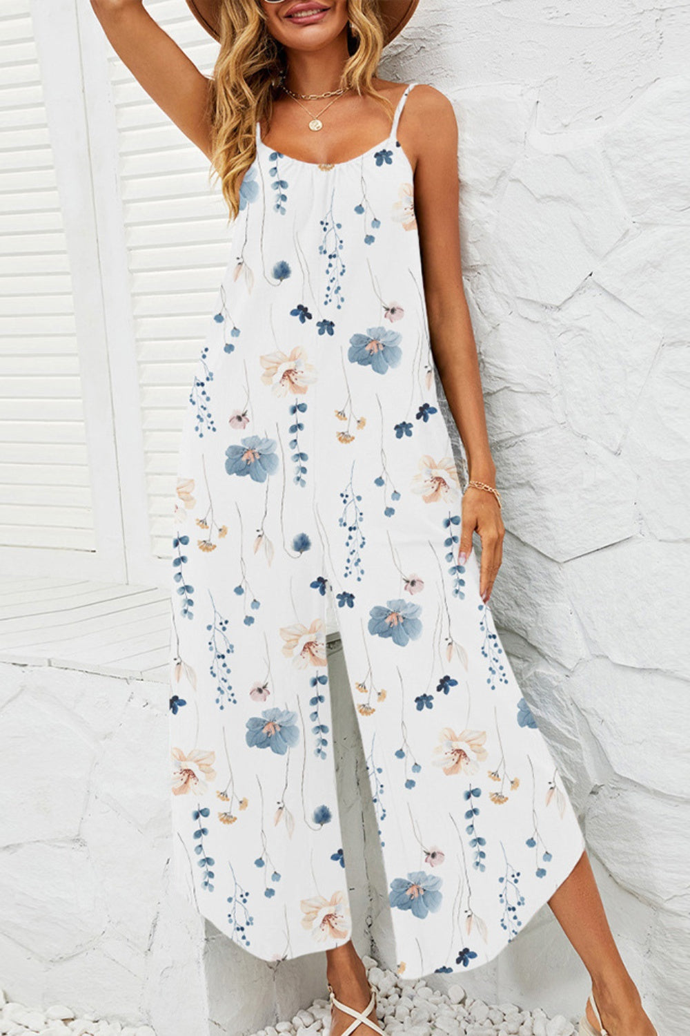 Printed Scoop Neck Wide Leg Jumpsuit Sunset and Swim White S 