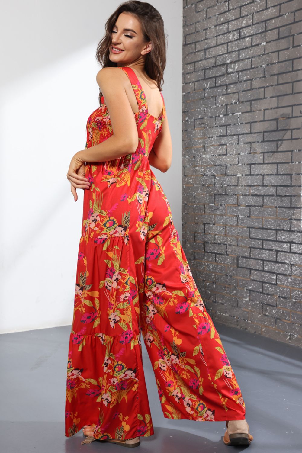 Floral Square Neck Wide Leg Jumpsuit Sunset and Swim   