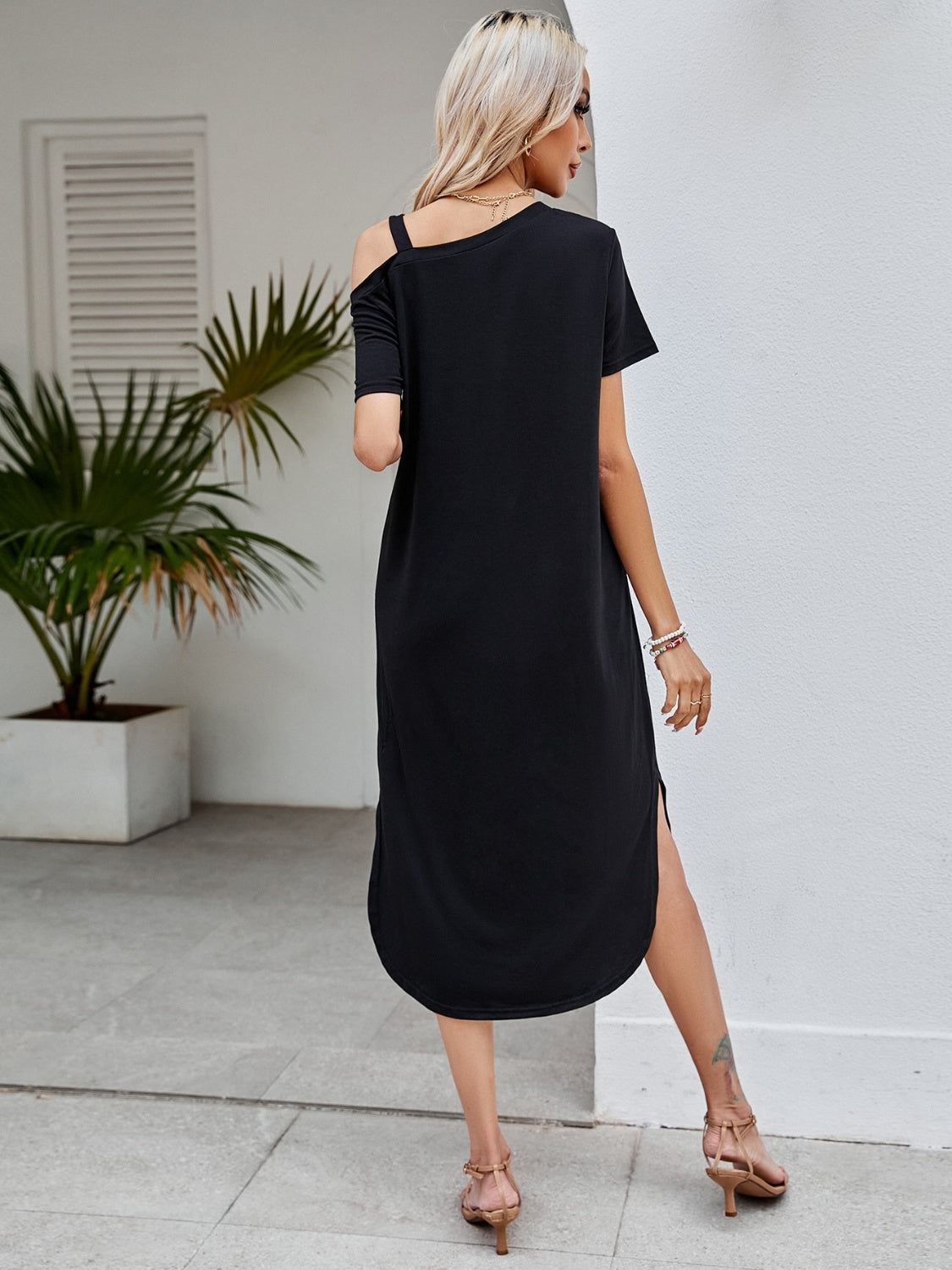 Slit Asymmetrical Neck Short Sleeve Dress Sunset and Swim   