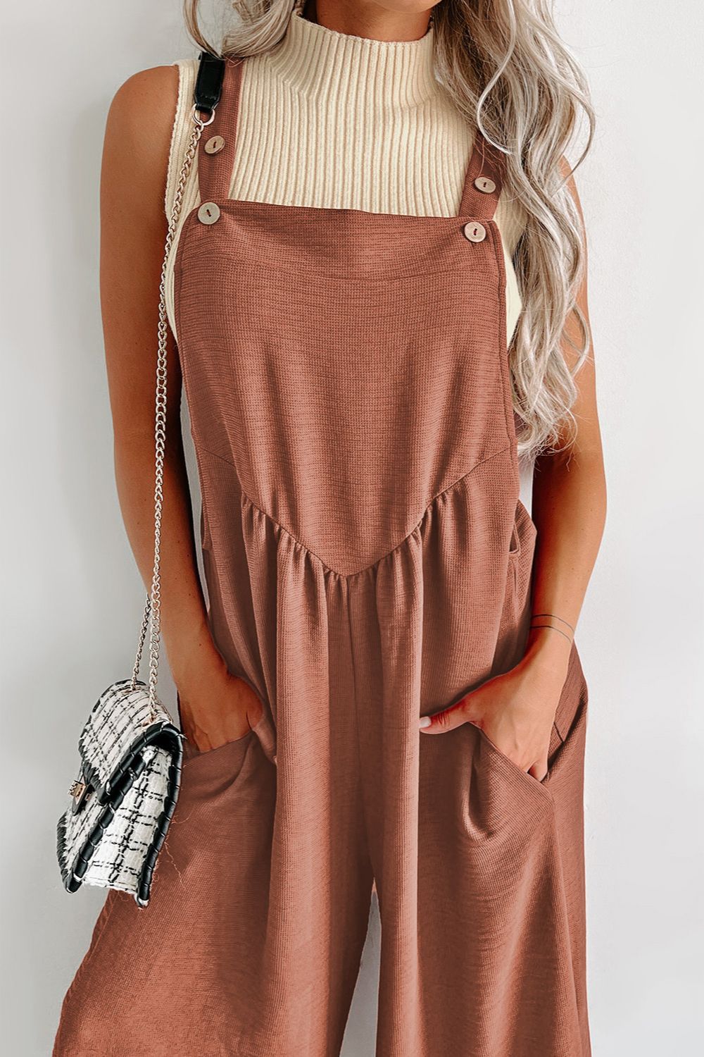 Waffle-knit Wide Leg Overall with Pockets Sunset and Swim   