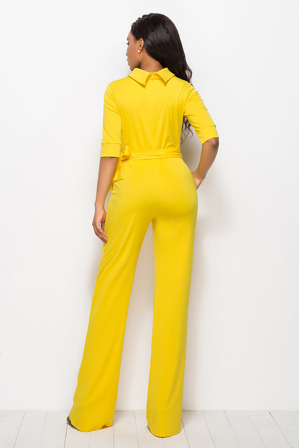 Mock Neck Tie-Waist Half Sleeve Jumpsuit Sunset and Swim   