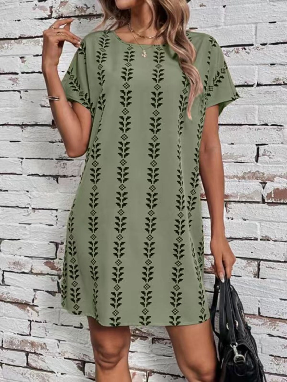 Printed Round Neck Short Sleeve Dress Sunset and Swim Moss S 