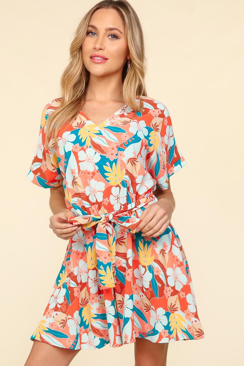 Haptics Tropical Floral Short Sleeve Tied Romper Sunset and Swim Coral/Teal/Light Blue S 