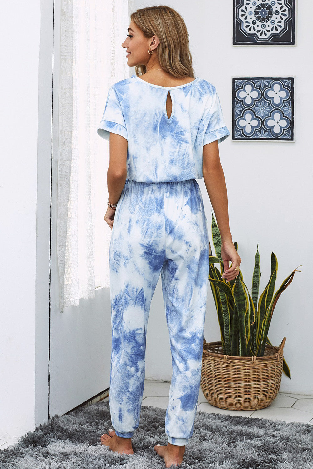 Tie-Dye Short Sleeve Jumpsuit with Pockets Sunset and Swim   