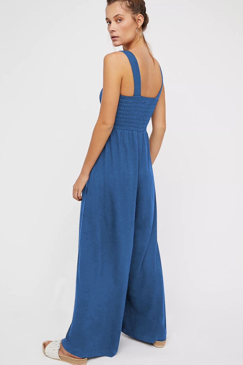 Smocked Square Neck Wide Leg Jumpsuit with Pockets Sunset and Swim   