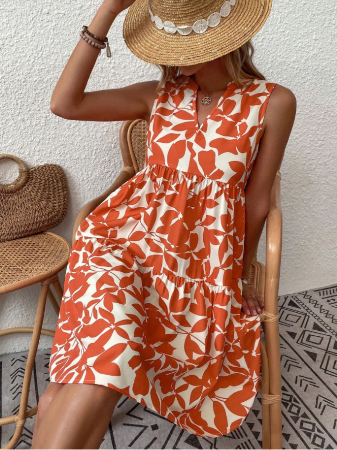 Sunset Vacation Printed Notched Sleeveless Mini Dress Sunset and Swim   