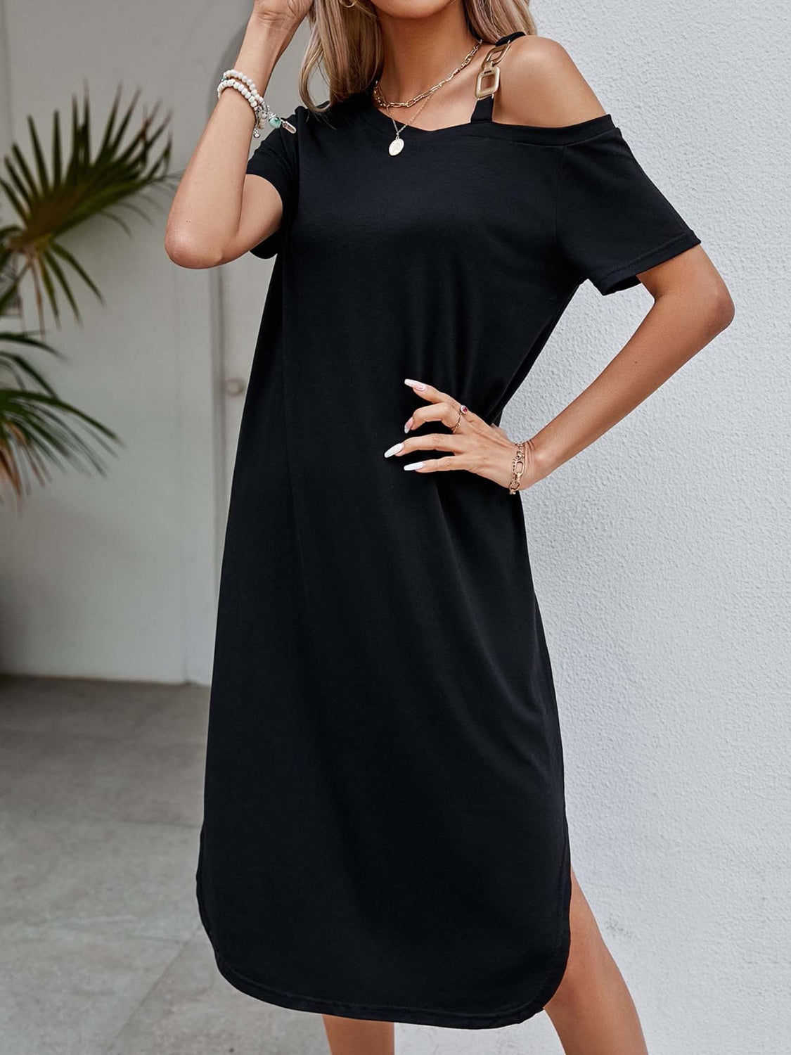 Slit Asymmetrical Neck Short Sleeve Dress Sunset and Swim   