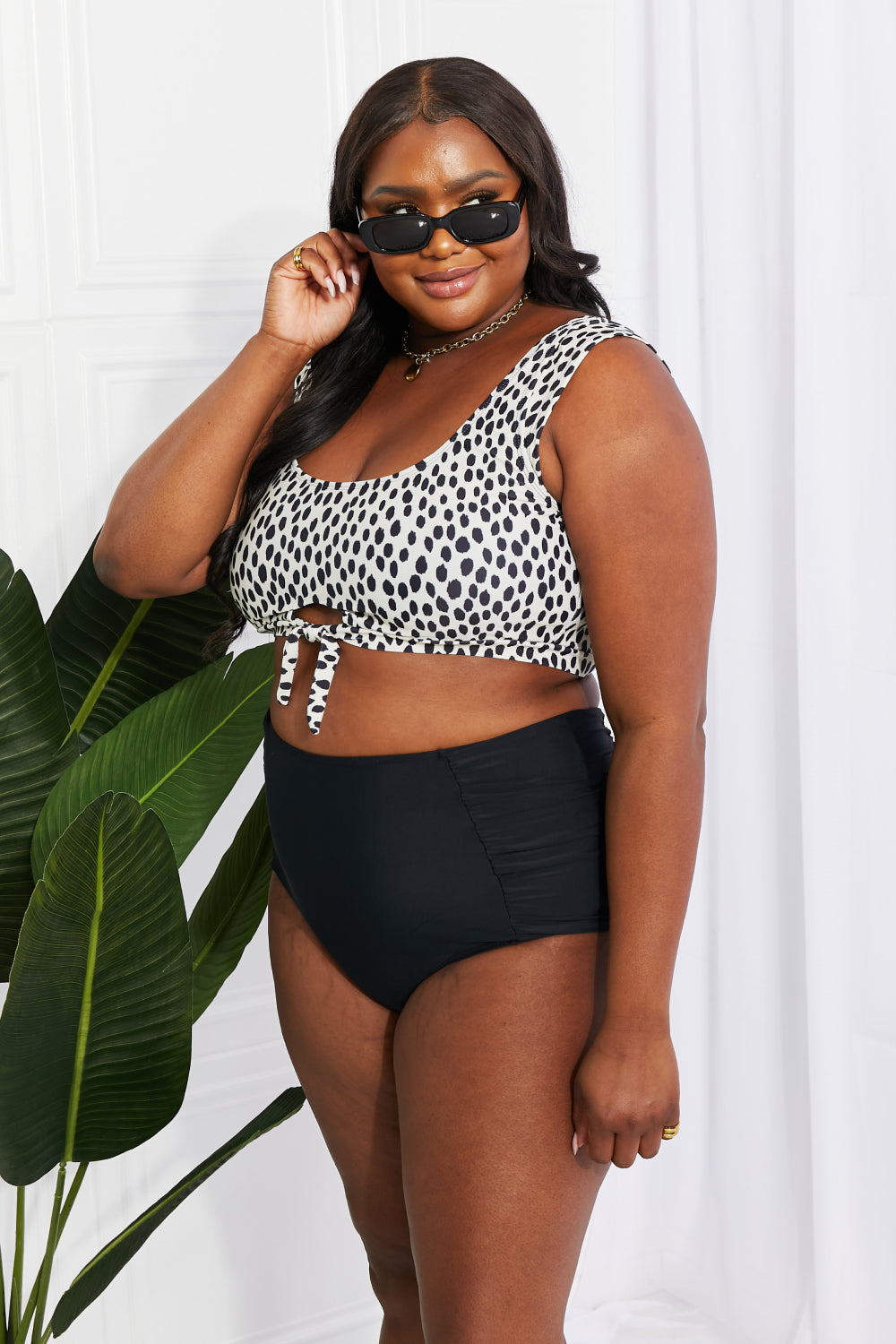 Marina West Swim Sanibel Crop Swim Top and Ruched Bottoms Set in Black Sunset and Swim   