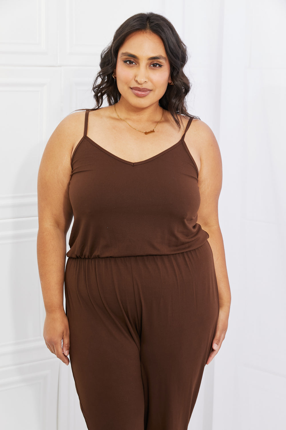 Capella Comfy Casual Plus Size Solid Elastic Waistband Jumpsuit in Chocolate Sunset and Swim   