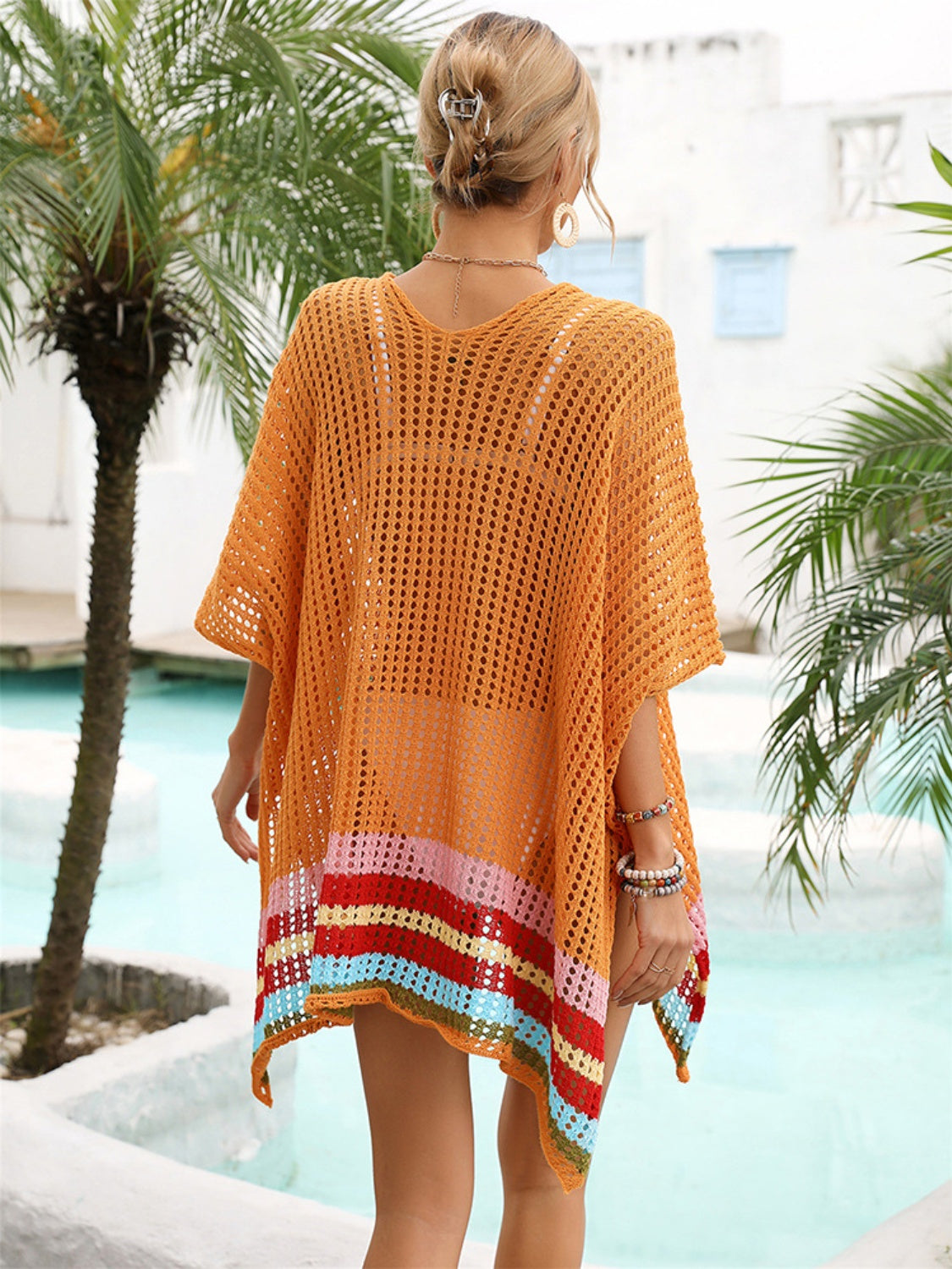 Slit Openwork V-Neck Half Sleeve Cover-Up Sunset and Swim   