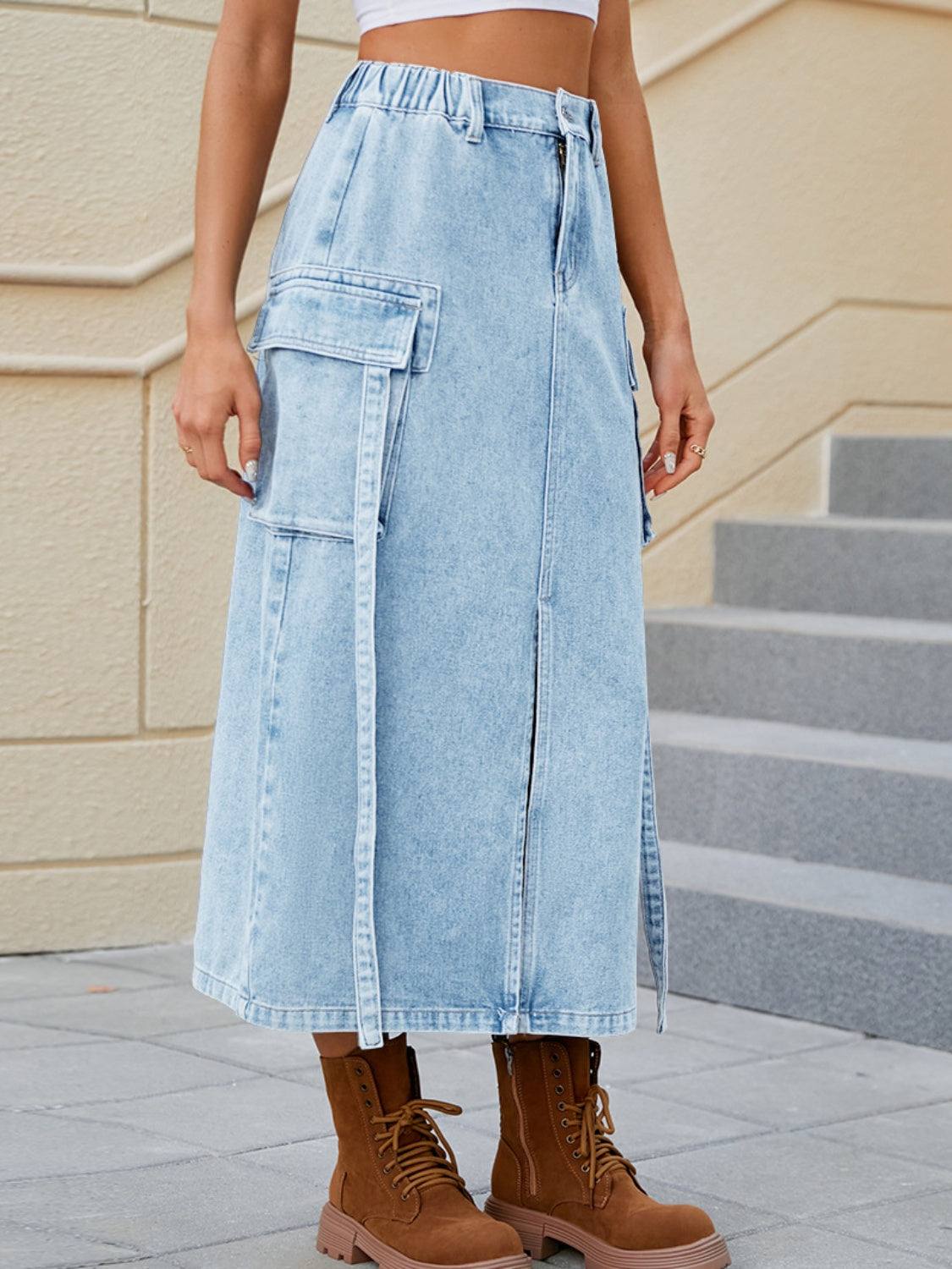 Slit Pocketed High Waist Denim Skirt Sunset and Swim   