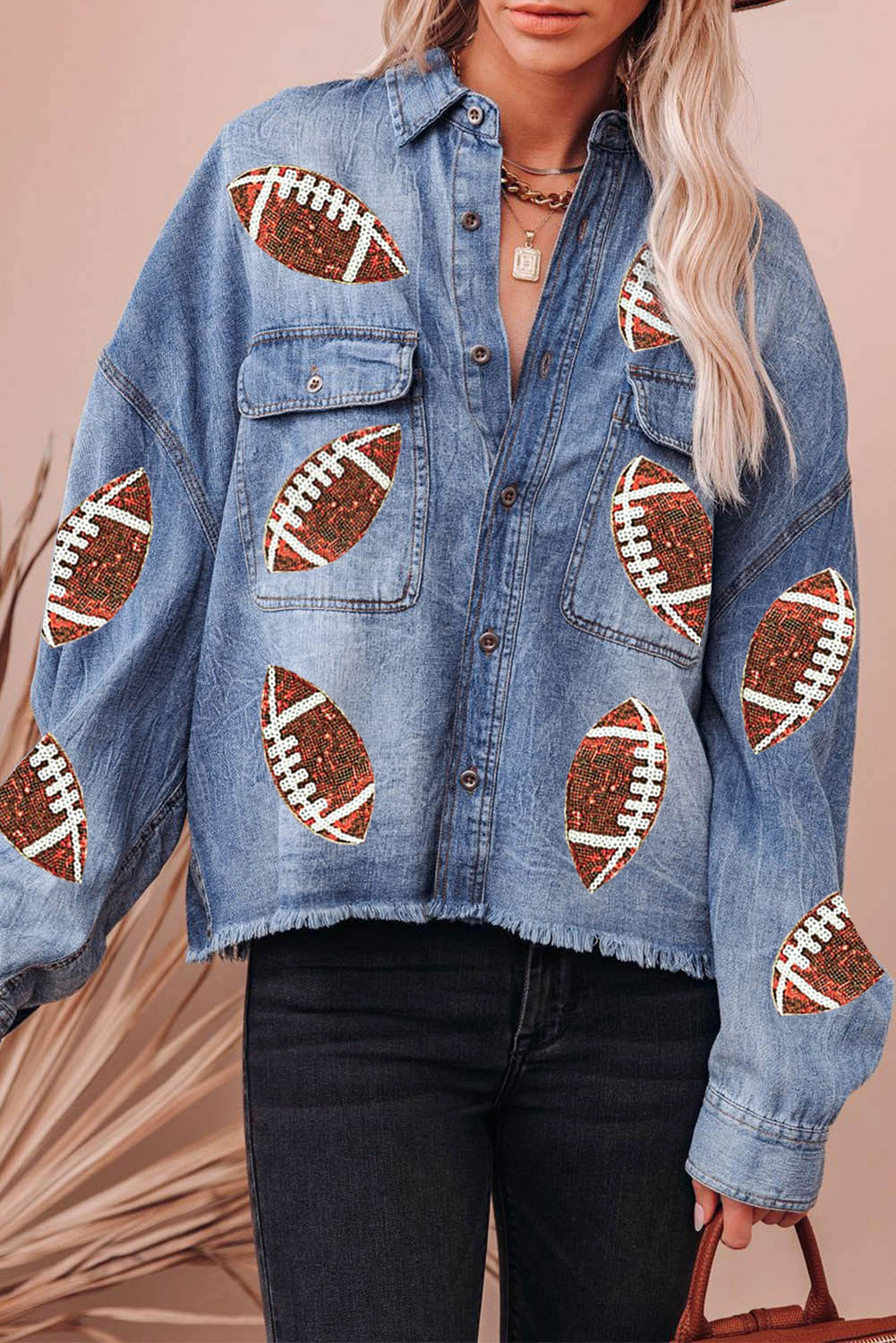 Raw Hem Sequin Football Long Sleeve Denim Jacket Sunset and Swim   