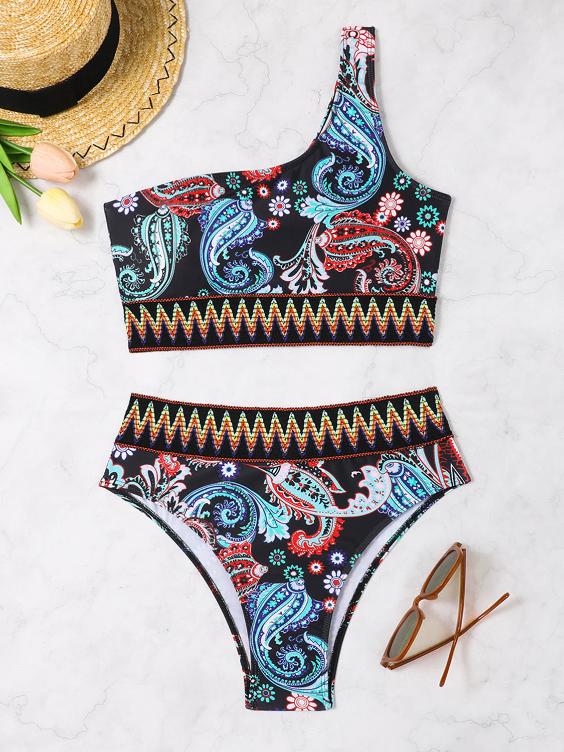 Sunset Vacation  Printed One Shoulder Two-Piece Swim Set Sunset and Swim Black S 
