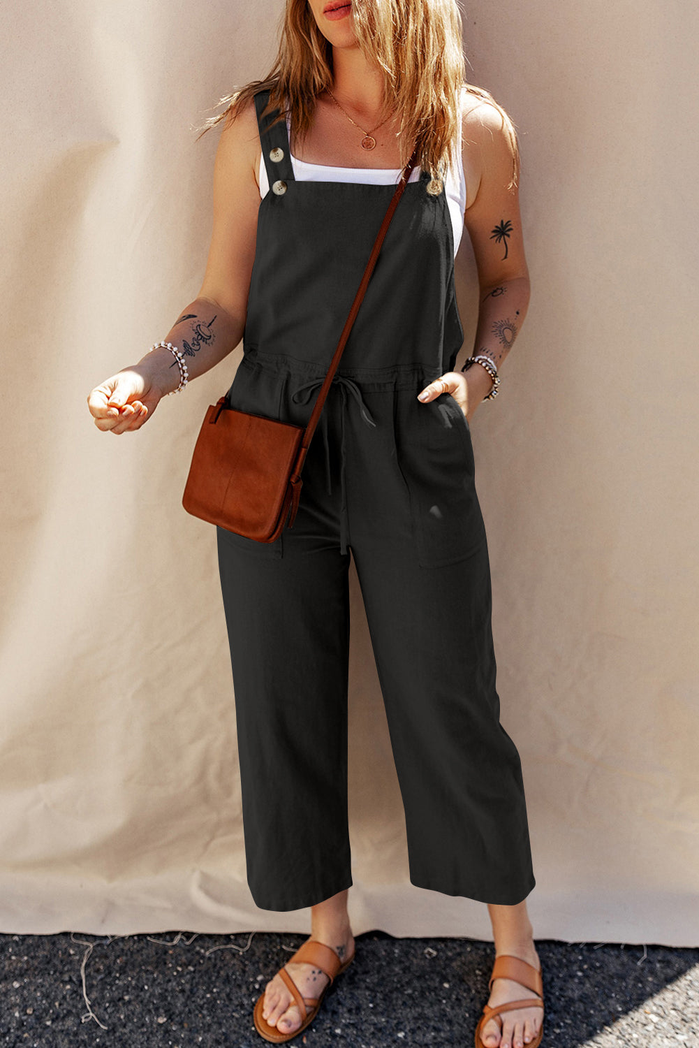 Drawstring Wide Strap Overalls with Pockets Sunset and Swim Black S 