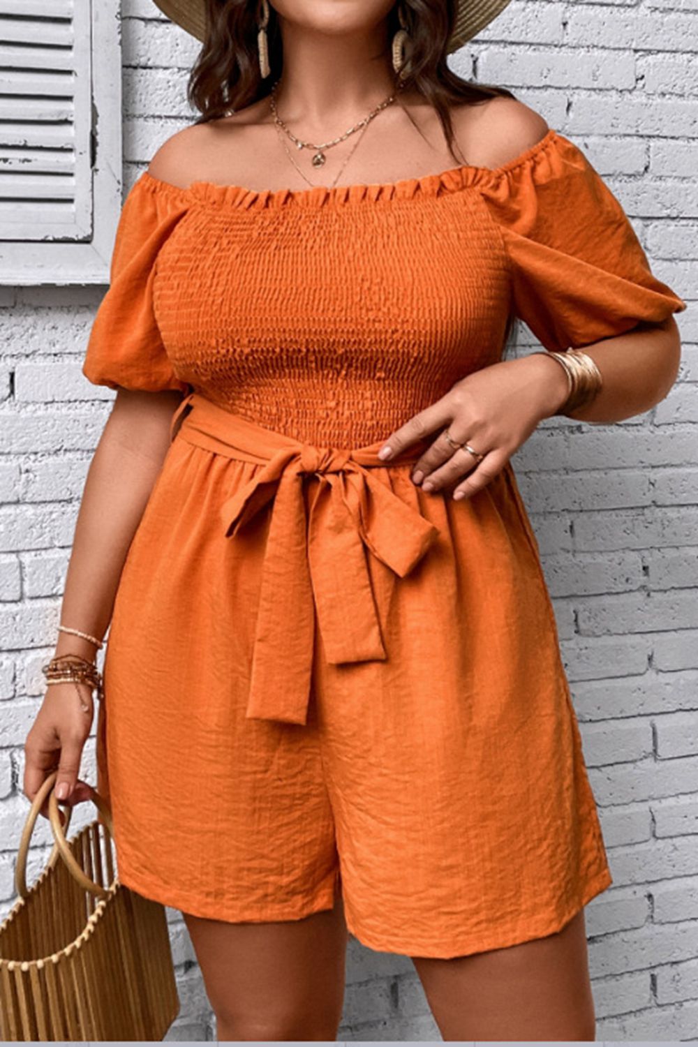 Plus Size Smocked Tie Belt Romper Sunset and Swim Orange 0XL 