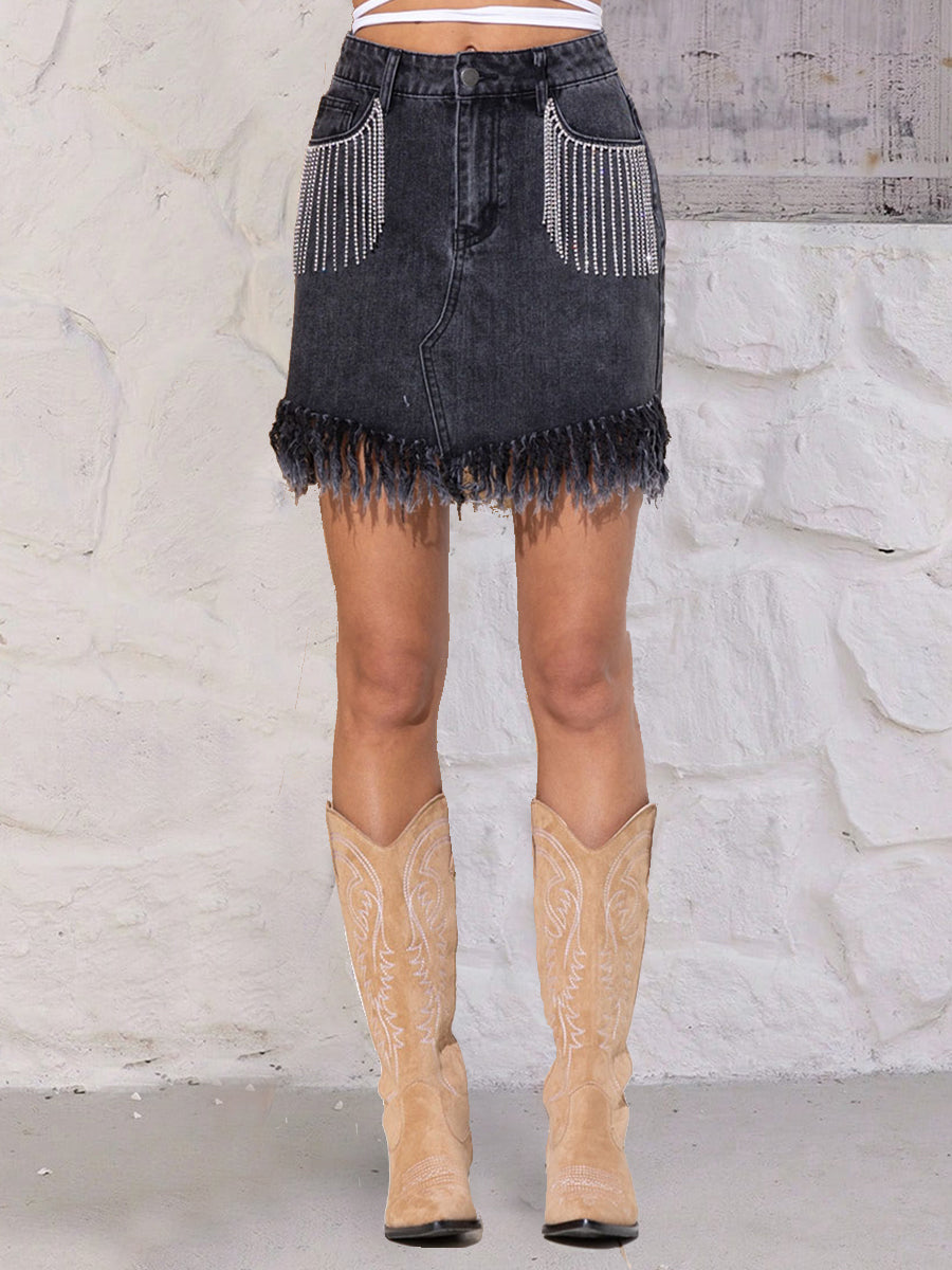 Rhinestone Fringe Denim Skirt Sunset and Swim Black S 