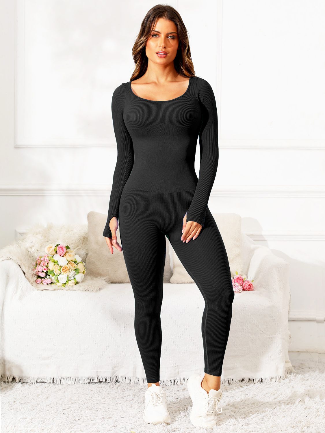 Scoop Neck Long Sleeve Active Jumpsuit Sunset and Swim Brown S 