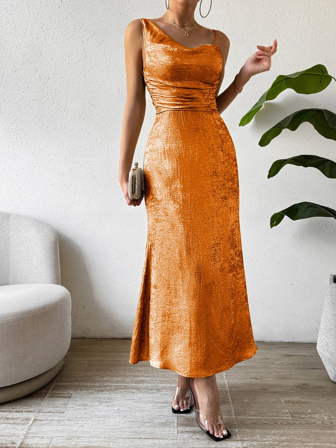 Asymmetric Neck Sleeveless Midi Dress Sunset and Swim   