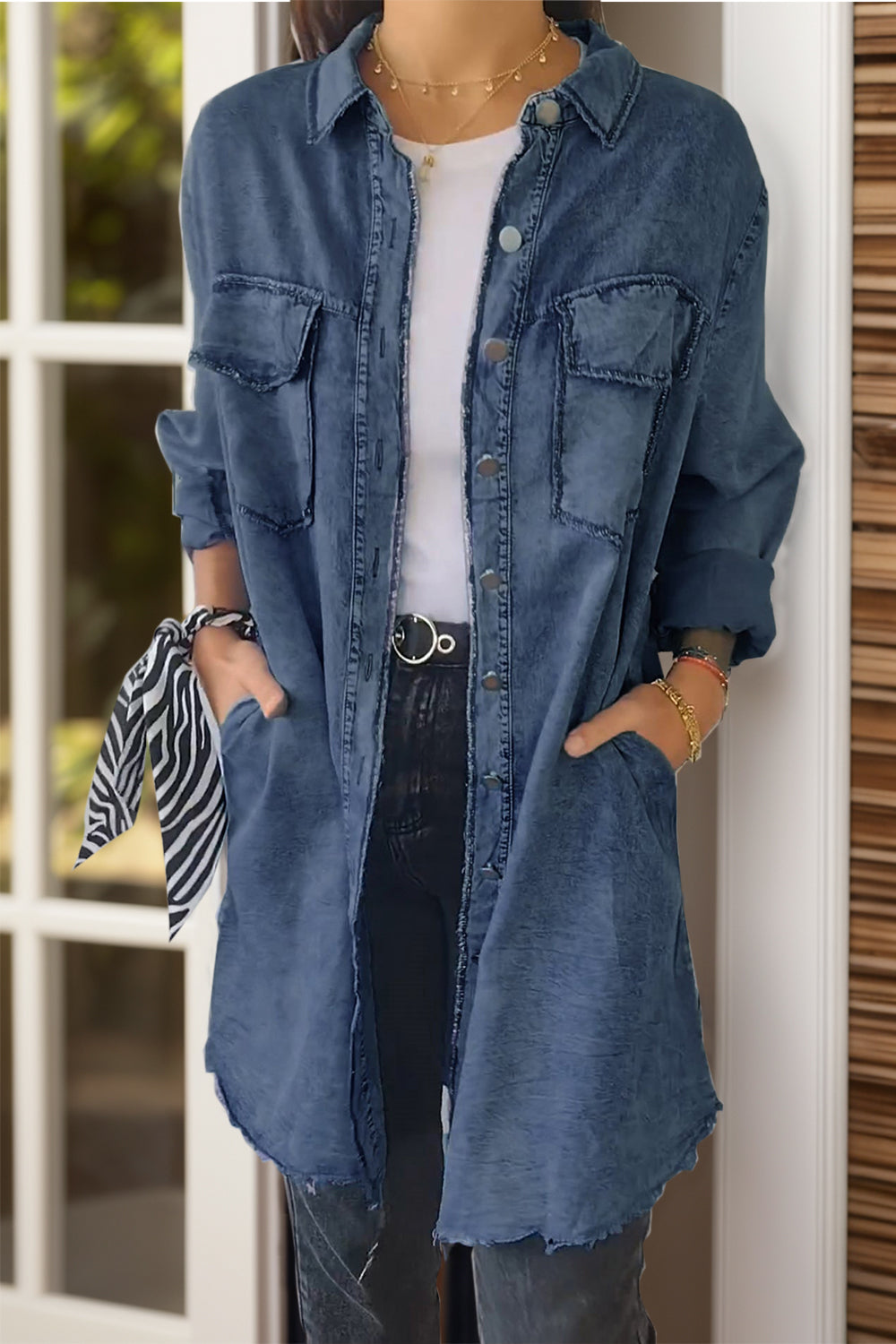 Full Size Pocketed Button Up Long Sleeve Denim Jacket Sunset and Swim Navy S 