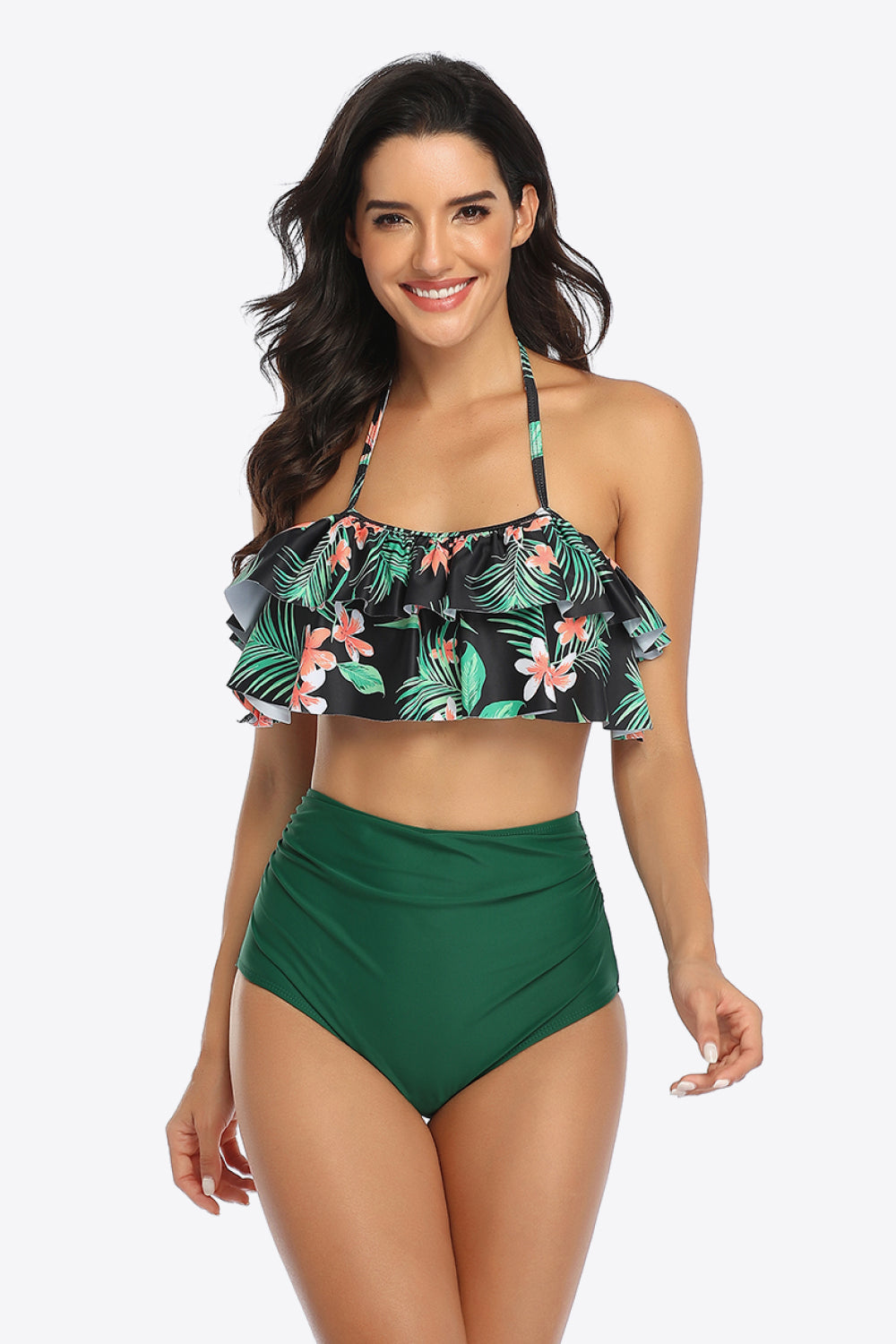 Two-Tone Ruffled Halter Neck Two-Piece Swimsuit  Sunset and Swim Forest S 