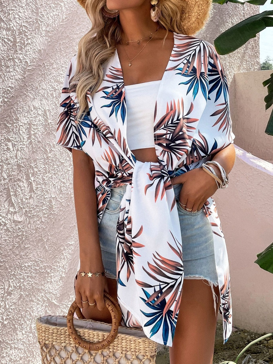 Printed Open Front Half Sleeve Cover Up Sunset and Swim   