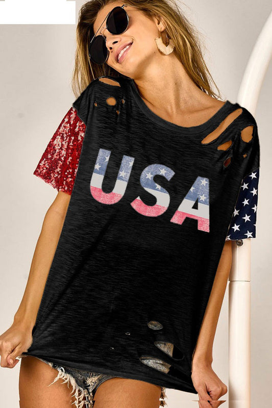 USA Graphic Short Sleeve Distressed T-Shirt  Sunset and Swim Black S 