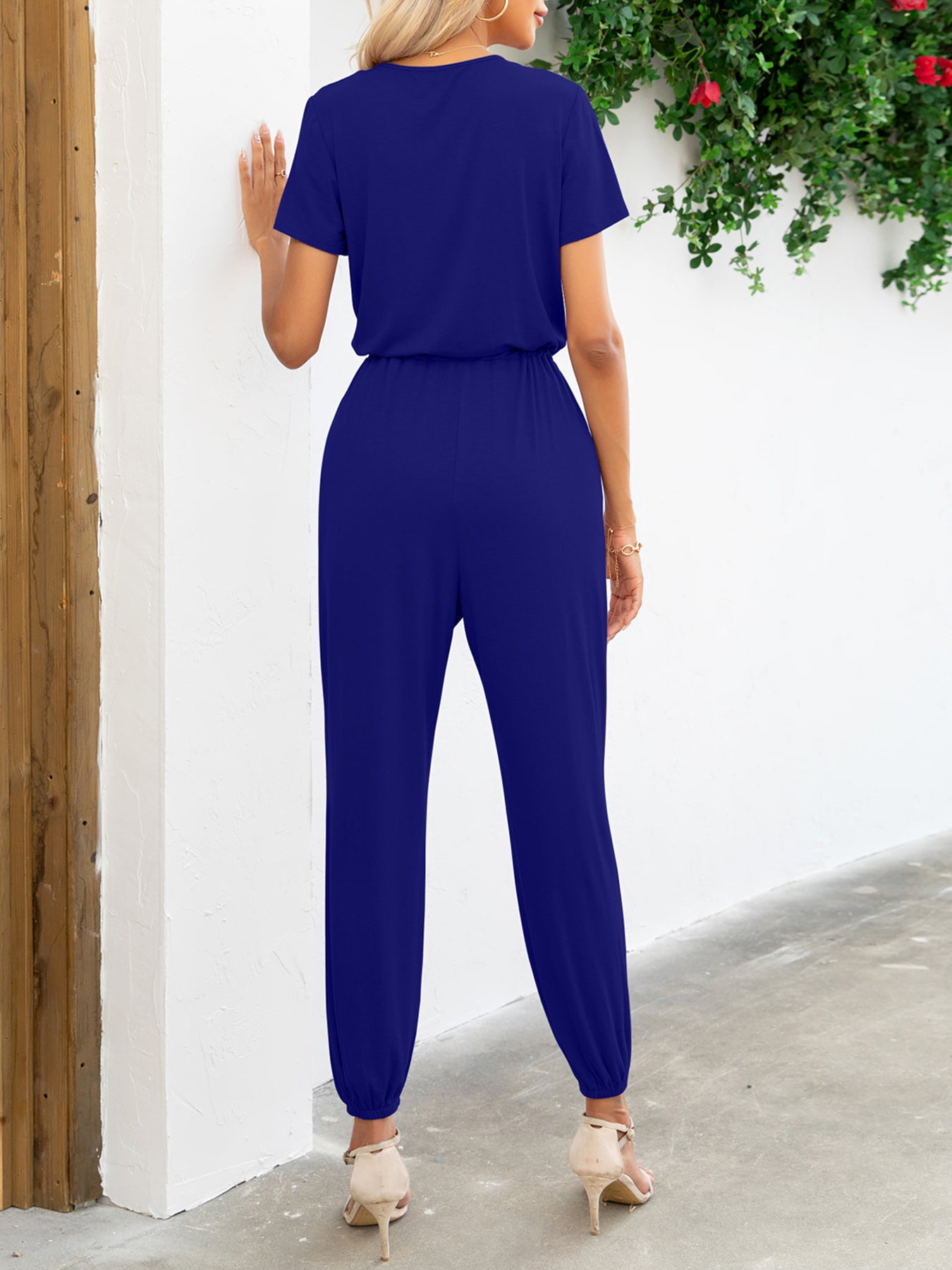 Short Sleeve V-Neck Jumpsuit with Pockets Sunset and Swim   