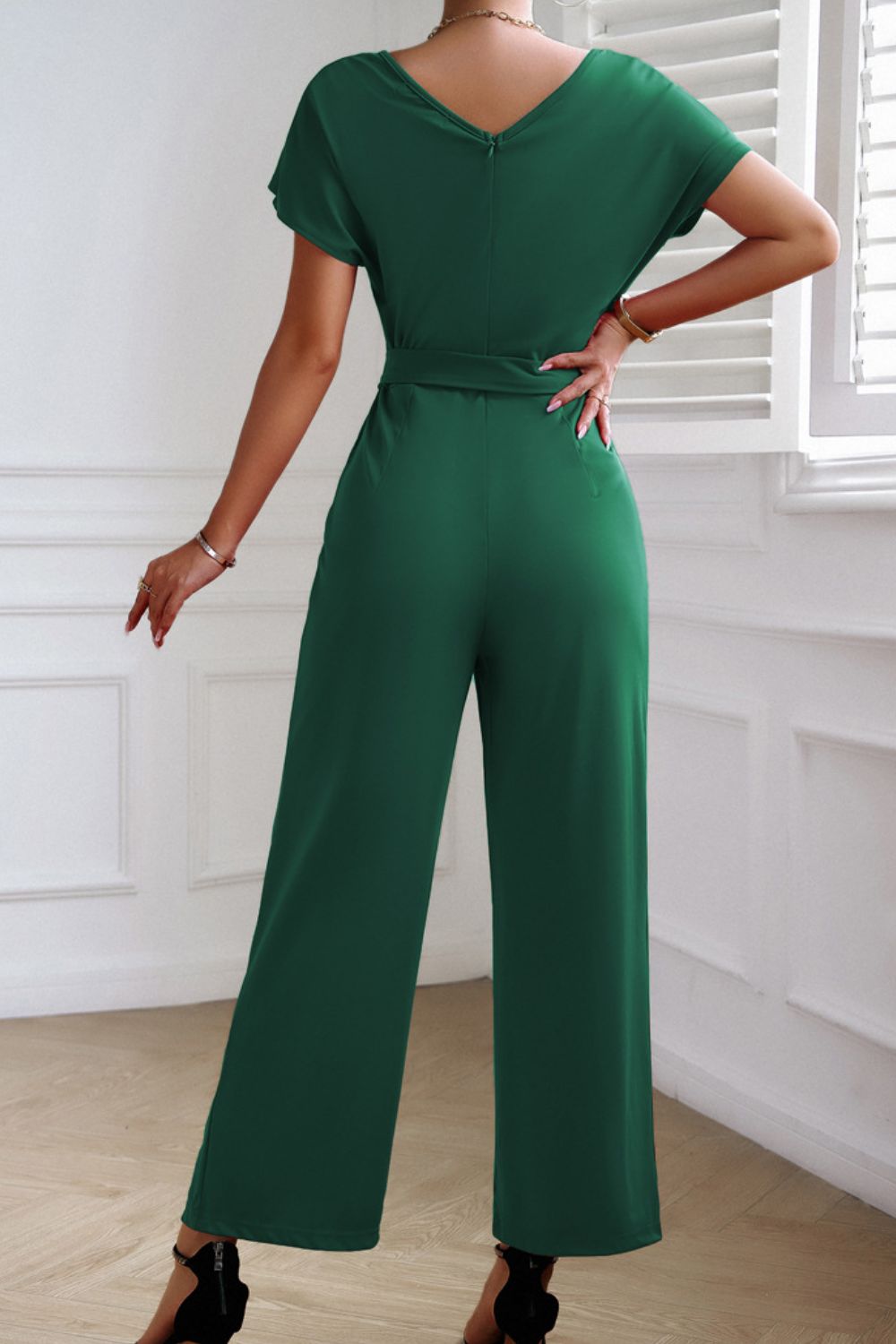 Tie Waist V-Neck Short Sleeve Jumpsuit Sunset and Swim   