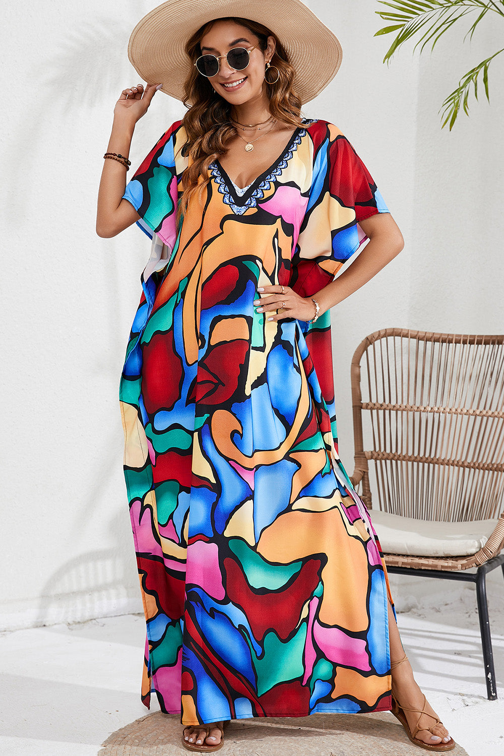 Sunset Vacation  Slit Printed V-Neck Short Sleeve Cover Up Sunset and Swim Multicolor One Size 