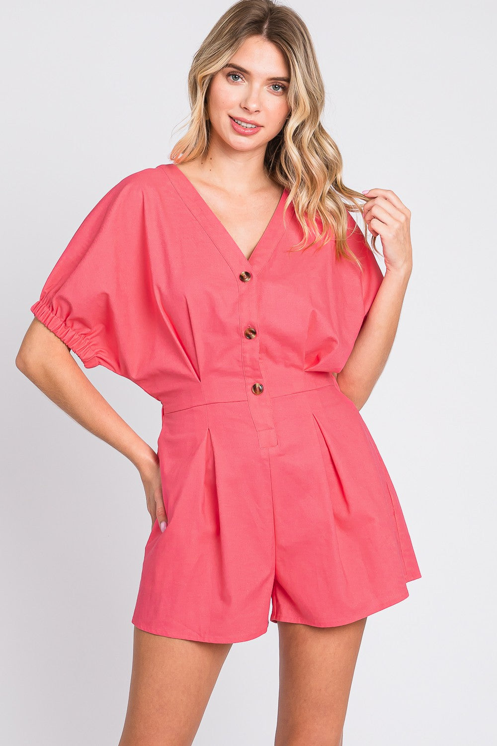 Sunset and Swim  Half Button V-Neck Linen Romper Sunset and Swim Pink S 