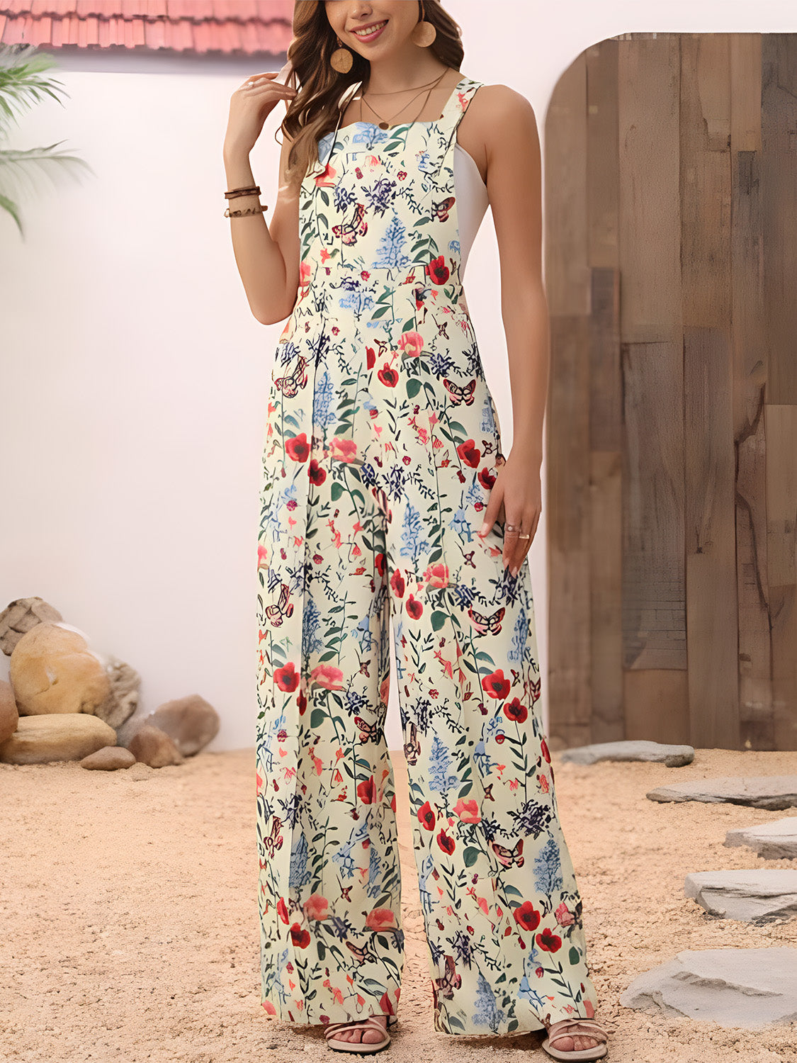 Floral Wide Leg Overalls Sunset and Swim Light Yellow S 