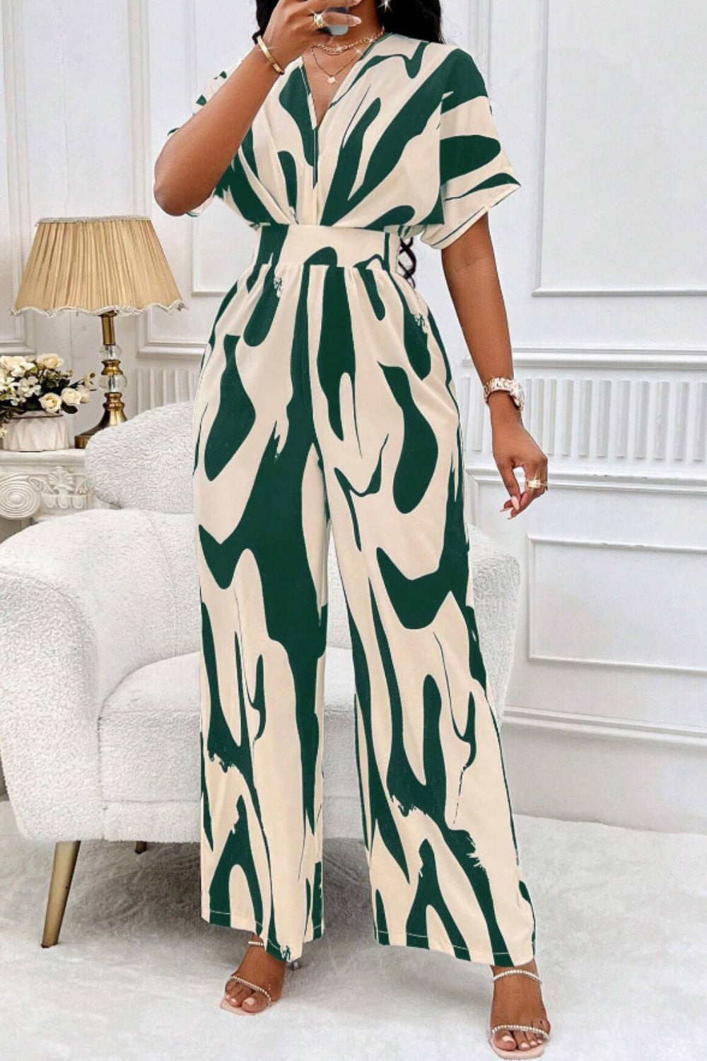 Printed V-Neck Short Sleeve Wide Leg Jumpsuit Sunset and Swim   